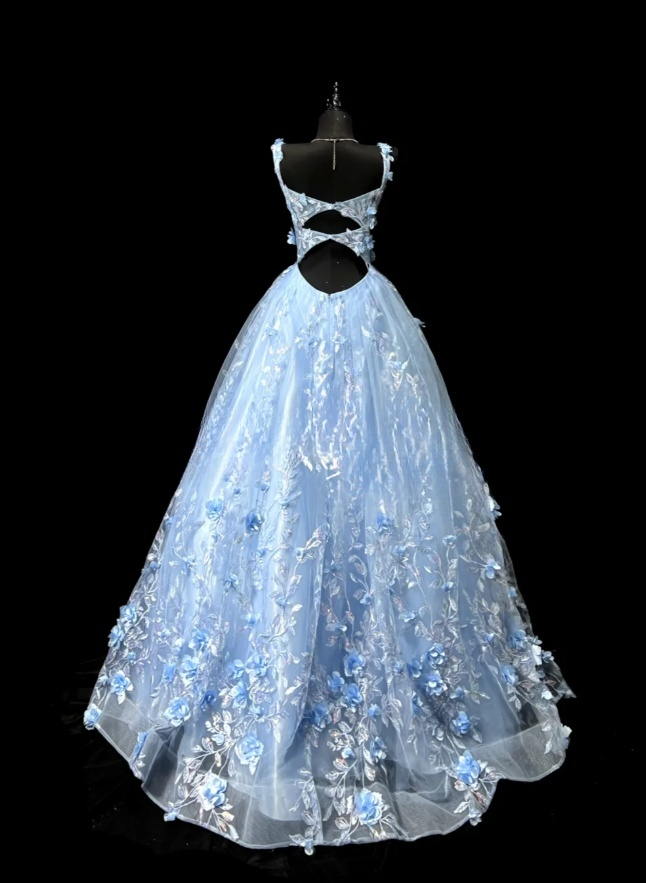 Gorgeous Blue Birthday Dresses Straps A-Line Long Prom Dresses Tulle Appliques Evening Dresses ED06203