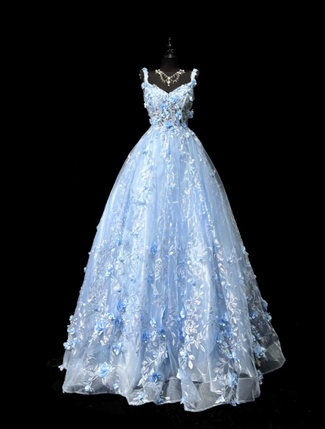 Gorgeous Blue Birthday Dresses Straps A-Line Long Prom Dresses Tulle Appliques Evening Dresses ED06203