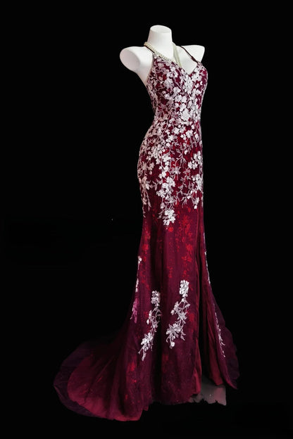 Chic Red Long Prom Dresses Tulle Applique Spaghetti Straps Mermaid Evening Dresses Sleeveless Birthday Dresses ED06209