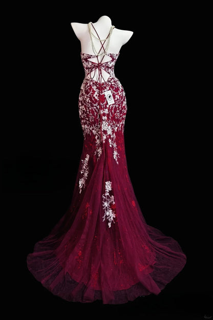 Chic Red Long Prom Dresses Tulle Applique Spaghetti Straps Mermaid Evening Dresses Sleeveless Birthday Dresses ED06209