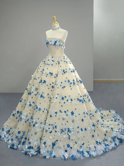 Chic Appliques Long Prom Dresses Tulle Strapless A-Line Evening Dresses Sleeveless Birthday Dresses ED06213