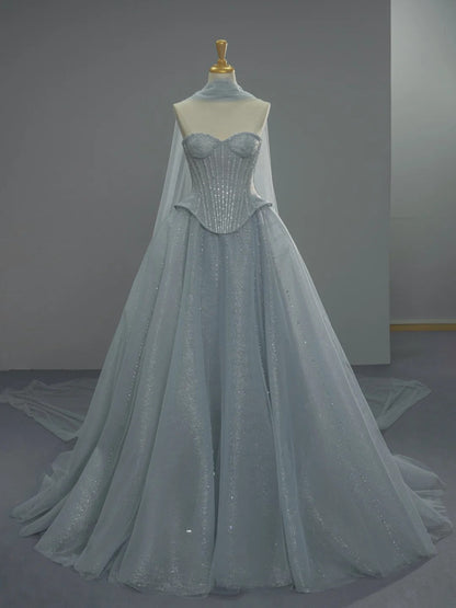 Chic Blue Long Prom Dresses Tulle Strapless A-Line Evening Dresses Sleeveless Birthday Dresses ED06214