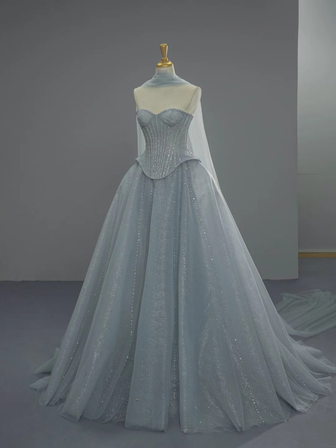 Chic Blue Long Prom Dresses Tulle Strapless A-Line Evening Dresses Sleeveless Birthday Dresses ED06214
