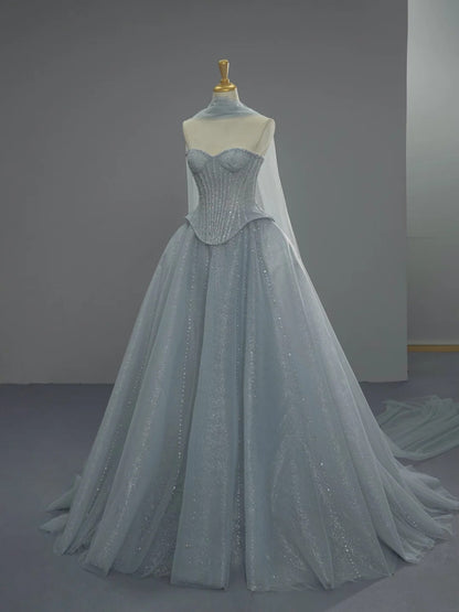 Chic Blue Long Prom Dresses Tulle Strapless A-Line Evening Dresses Sleeveless Birthday Dresses ED06214
