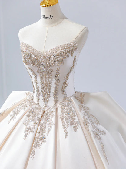 Chic A-Line Long Wedding Dresses Sweetheart Satin White Bridal Dresses Sleeveless Bridal Gowns ED06215