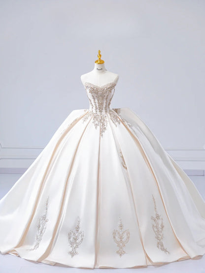 Chic A-Line Long Wedding Dresses Sweetheart Satin White Bridal Dresses Sleeveless Bridal Gowns ED06215