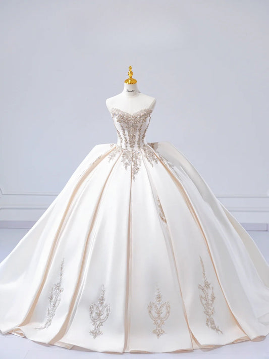 Chic A-Line Long Wedding Dresses Sweetheart Satin White Bridal Dresses Sleeveless Bridal Gowns ED06215