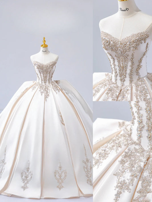 Chic A-Line Long Wedding Dresses Sweetheart Satin White Bridal Dresses Sleeveless Bridal Gowns ED06215