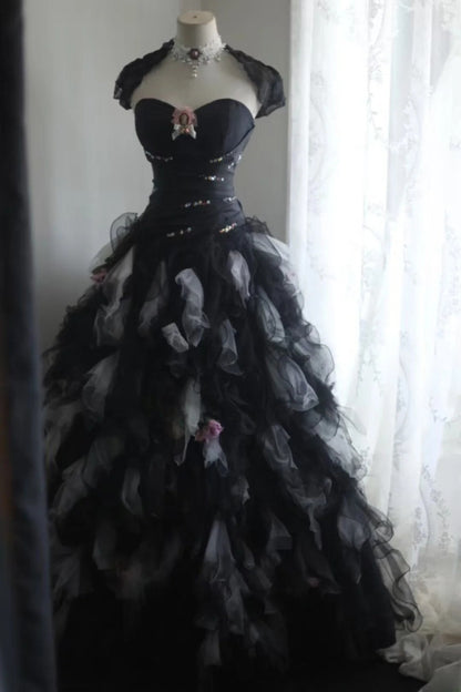Chic A-Line Long Prom Dresses Sweetheart Tulle Black Birthday Dresses Sleeveless Evening Gowns ED06220