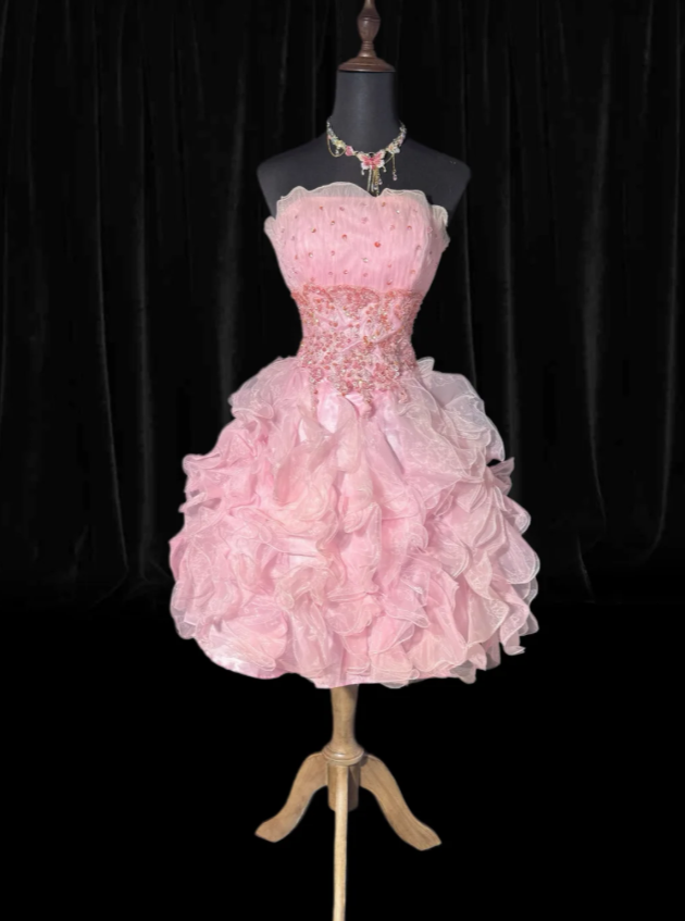 Cute A-Line Short Prom Dresses Strapless Tulle Pink Birthday Dresses Sleeveless Party Dresses ED06225