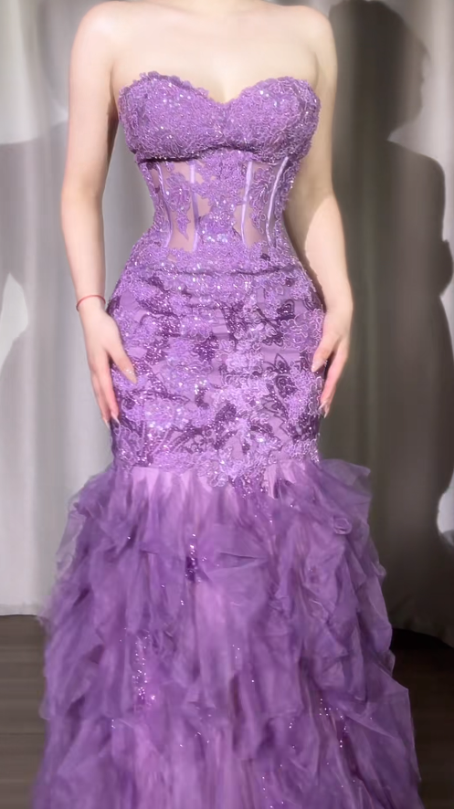 Elegant Purple Long Prom Dresses Sweetheart Mermaid Birthday Dresses Tulle Sleeveless Evening Dresses ED06229