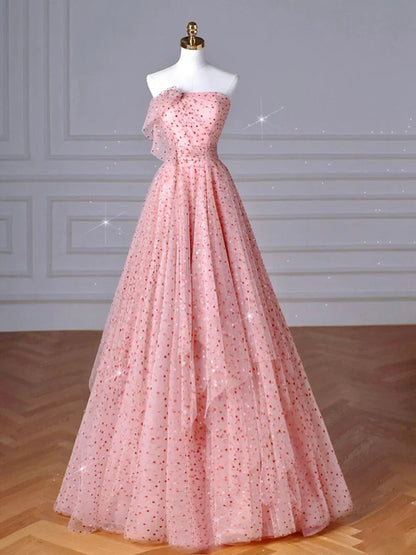 A-Line Pink Tulle Long Prom Dress, Pink Long Formal Dress ED0622