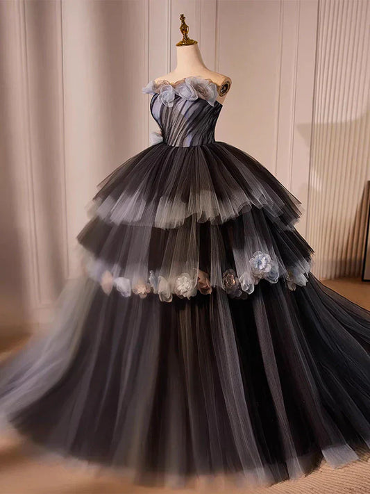 Tulle Long Prom Gown, Black Tulle Evening Dress HZ1024