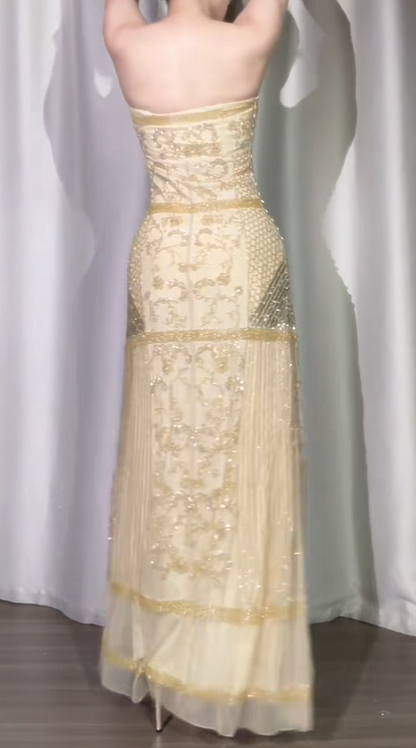 Elegant Gold Long Prom Dresses Beaded Tulle Party Dresses Strapless Sheath Birthday Dresses Sleeveless Evening Dresses ED06230
