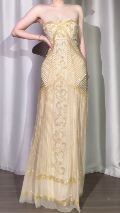 Elegant Gold Long Prom Dresses Beaded Tulle Party Dresses Strapless Sheath Birthday Dresses Sleeveless Evening Dresses ED06230