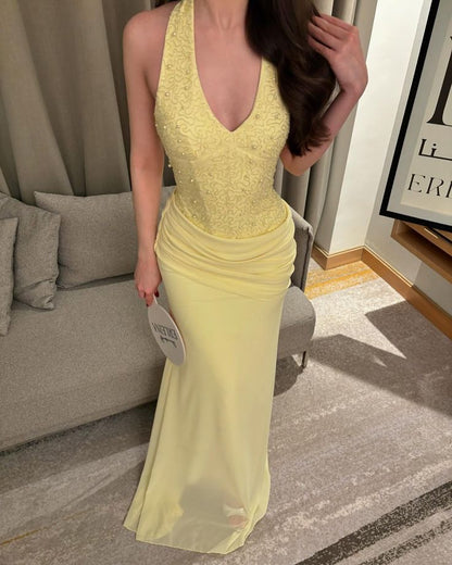 Elegant Yellow Long Prom Dresses Beaded Chiffon Party Dresses V-neck Sheath Birthday Dresses Sleeveless Evening Dresses ED06231