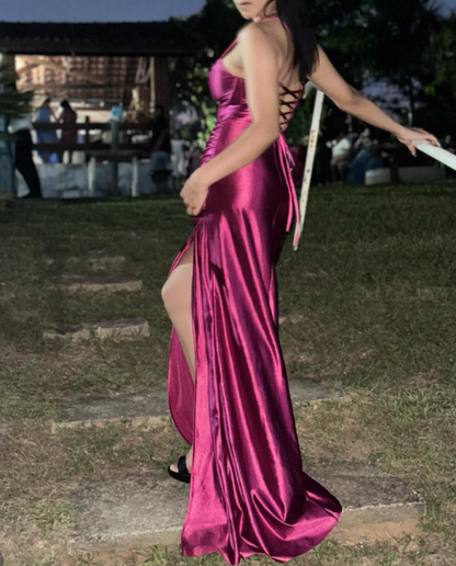 Elegant Sheath Long Prom Dresses Satin Spaghetti Straps Party Dresses Sleevless Evening Dresses with Slit ED06234