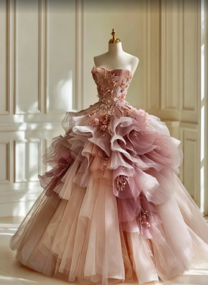 Gorgeous Pink Long Prom Dresses Strapless A-Line Evening Dresses Tulle Sleeveless Quinceanera Dresses ED06236