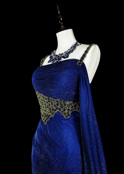Glitter Blue Long Prom Dresses Spaghetti Straps Sheath Evening Dresses Satin Sleeveless Party Dresses ED06239