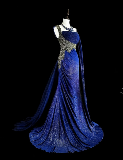 Glitter Blue Long Prom Dresses Spaghetti Straps Sheath Evening Dresses Satin Sleeveless Party Dresses ED06239