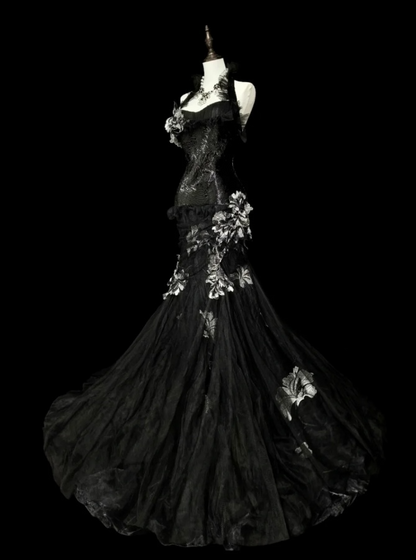 Fairy Black Long Prom Dresses Tulle Halter Mermaid Evening Dresses Applique Sleeveless Party Dresses ED06242