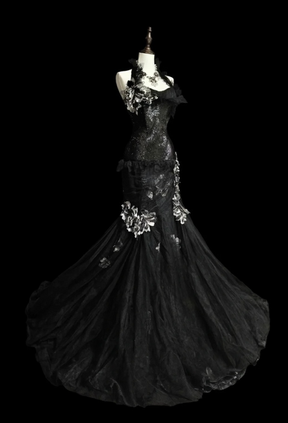 Fairy Black Long Prom Dresses Tulle Halter Mermaid Evening Dresses Applique Sleeveless Party Dresses ED06242