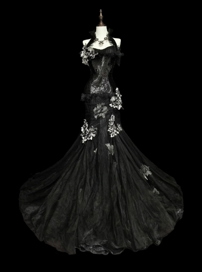 Fairy Black Long Prom Dresses Tulle Halter Mermaid Evening Dresses Applique Sleeveless Party Dresses ED06242