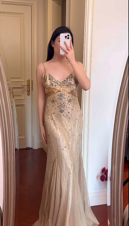 Vintage Gold Long Prom Dresses Chiffon Spaghetti Straps Sheath Evening Dresses Beaded Sleeveless Party Dresses ED06243