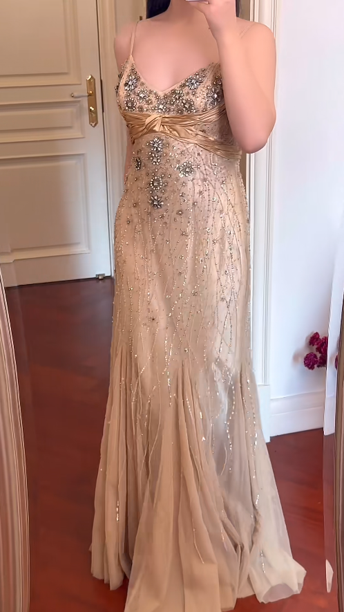 Vintage Gold Long Prom Dresses Chiffon Spaghetti Straps Sheath Evening Dresses Beaded Sleeveless Party Dresses ED06243