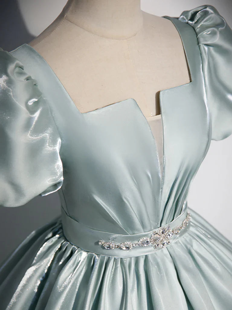 A-Line Blue Satin Long Prom Dress, Blue Long Formal Dress ED0625