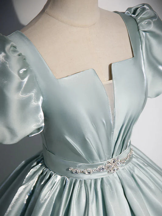A-Line Blue Satin Long Prom Dress, Blue Long Formal Dress ED0625