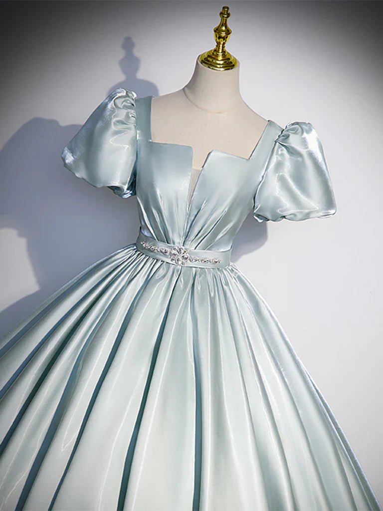 A-Line Blue Satin Long Prom Dress, Blue Long Formal Dress ED0625