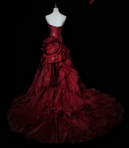 Fairy A-Line Burgundy Long Prom Dresses, Beaded Satin Strapless Evening Dresses, Sleeveless Birthday Dresses ED06272