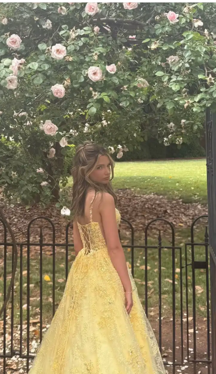 Gorgeous A-Line Yellow Long Prom Dresses Applique Tulle Spaghetti Straps Evening Dresses ED06286