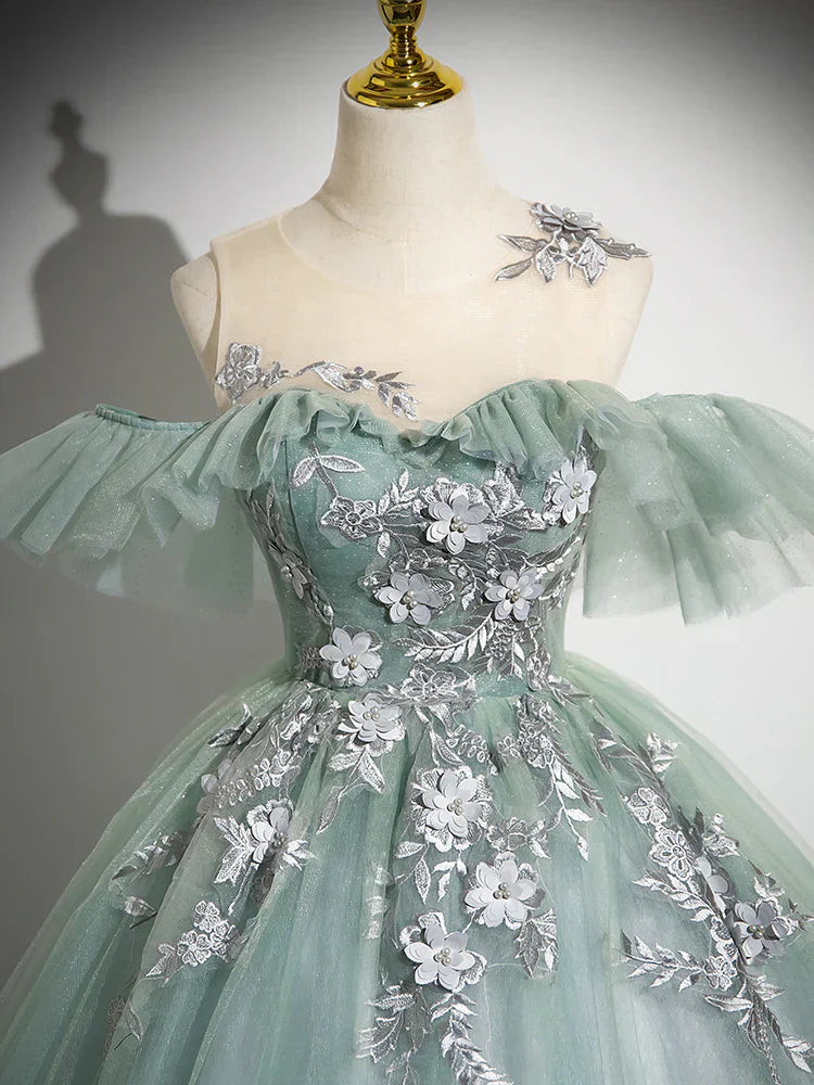 Off Shoulder Tulle Lace Green Long Prom Dress, Green Long Formal Dress HZ1024