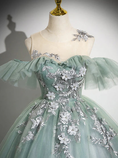 A-Line Off Shoulder Tulle Lace Green Long Prom Dress, Green Long Formal Dress ED0629
