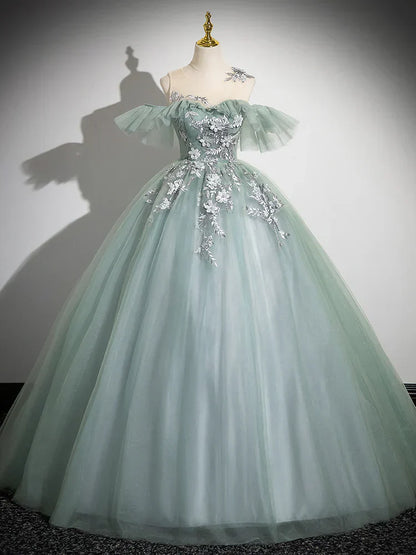 Off Shoulder Tulle Lace Green Long Prom Dress, Green Long Formal Dress HZ1024