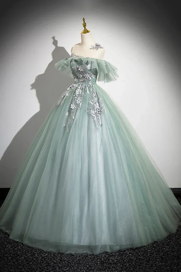 Off Shoulder Tulle Lace Green Long Prom Dress, Green Long Formal Dress HZ1024