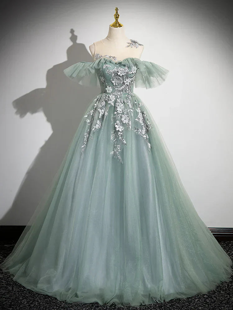 Off Shoulder Tulle Lace Green Long Prom Dress, Green Long Formal Dress HZ1024