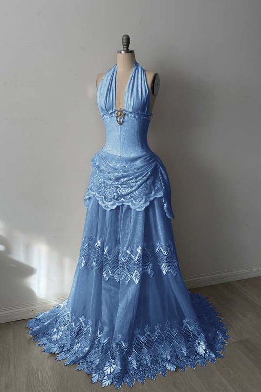 Chic Sheath Blue Long Prom Dresses Tulle V-neck Evening Dresses Sleeveless Party Dresses ED06297