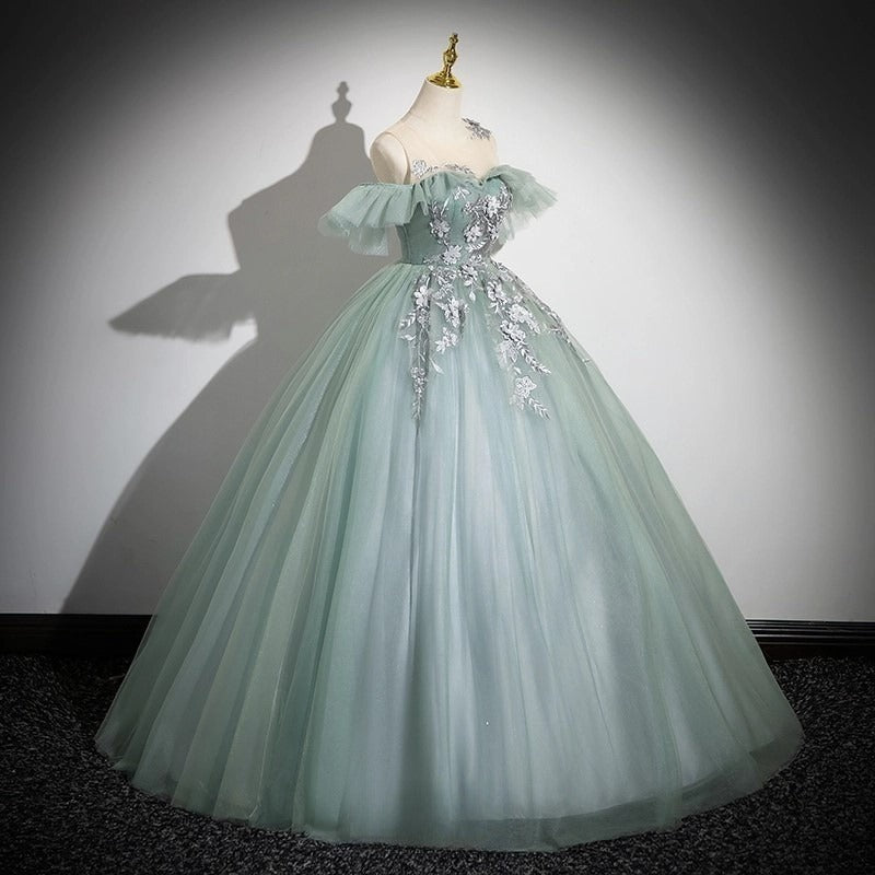 Off Shoulder Tulle Lace Green Long Prom Dress, Green Long Formal Dress HZ1024