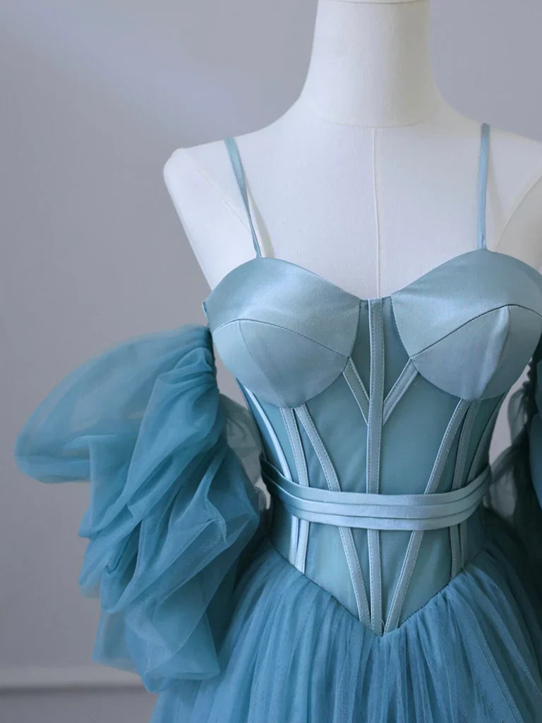 A-Line Sweetheart Neck Tulle Blue Long Prom Dress, Blue Long Formal Dress ED0630
