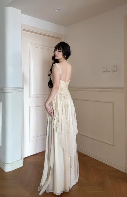 Chic A-line Apricot Long Prom Dresses Chiffon Lace Straps Evening Dresses Sleeveless Party Dresses ED06300