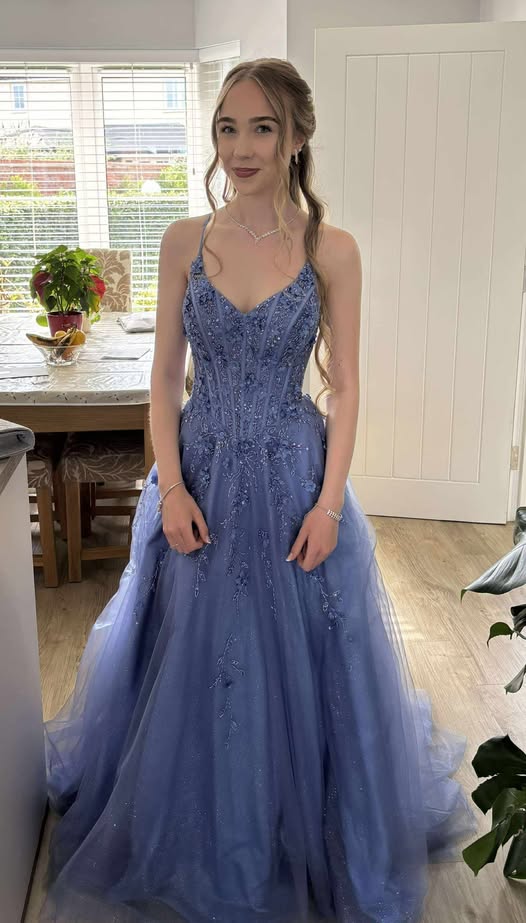 Chic A-line Dark Periwinkle Long Prom Dress Beaded Applique Tulle Spaghetti Straps Evening Dress Sleeveless Party Dress ED06301
