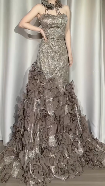 Chic Sheath Light Brown Long Prom Dress Tulle Strapless Evening Dress Lace Beaded Sleeveless Party Dress ED06305