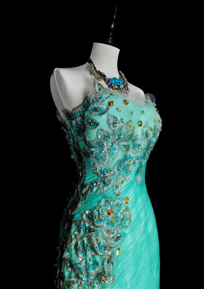 Elegant Mermaid Long Prom Dress Appliques Tulle Strapless Evening Dress Sleeveless Party Dress ED06312