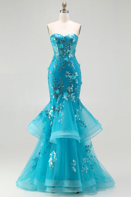 Chic Mermaid Turquoise Long Prom Dress Appliques Sequins Tulle Strapless Evening Dress ED06316