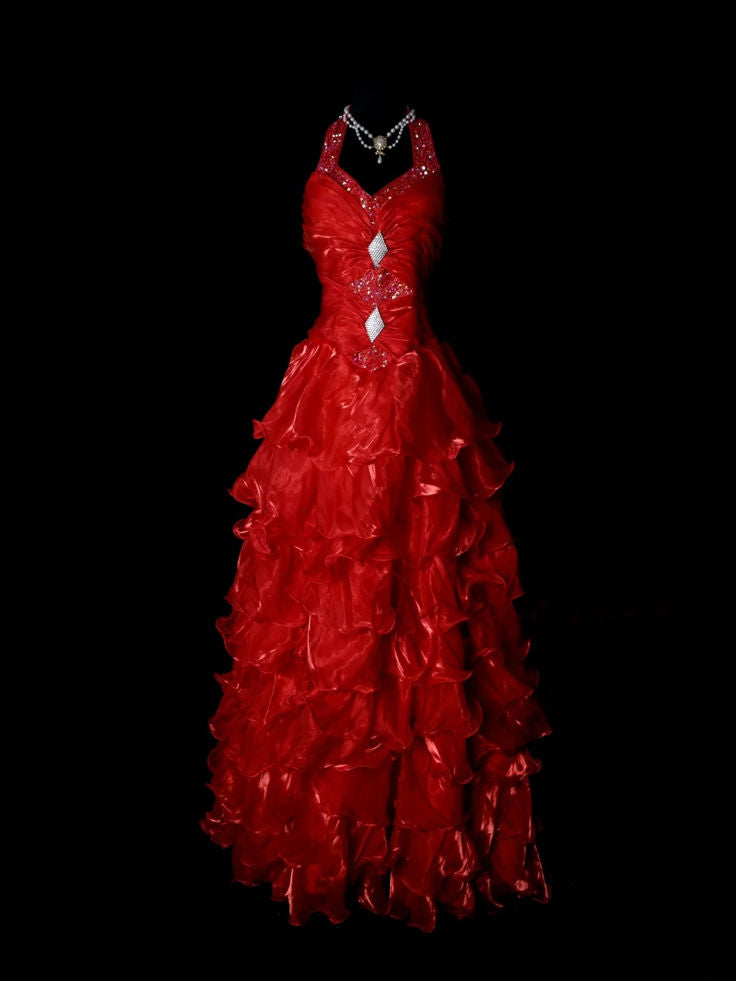 Chic A-Line Red Long Prom Dress Organza Halter Sleeveless Evening Dress ED06317