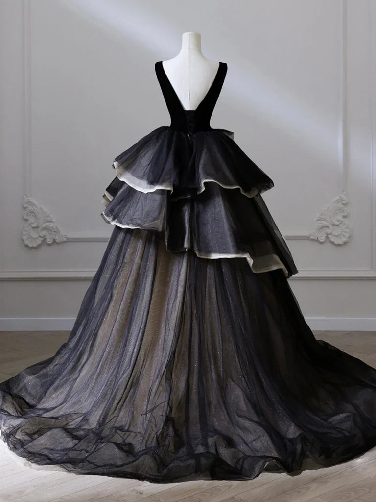 Black V Neck Tulle Long Prom Dress, Black Long Evening Dress ED0632