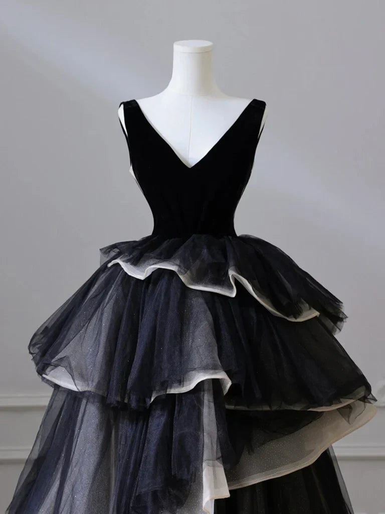 V Neck Tulle Long Prom Dress, Black Long Evening Dress HZ1024